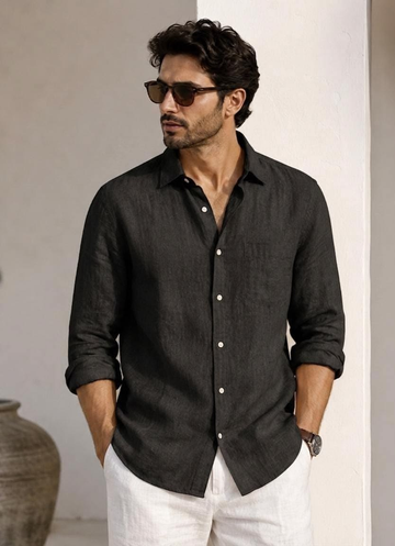 Men's Premium Slub Linen-Blend Long Sleeve Shirt - Black