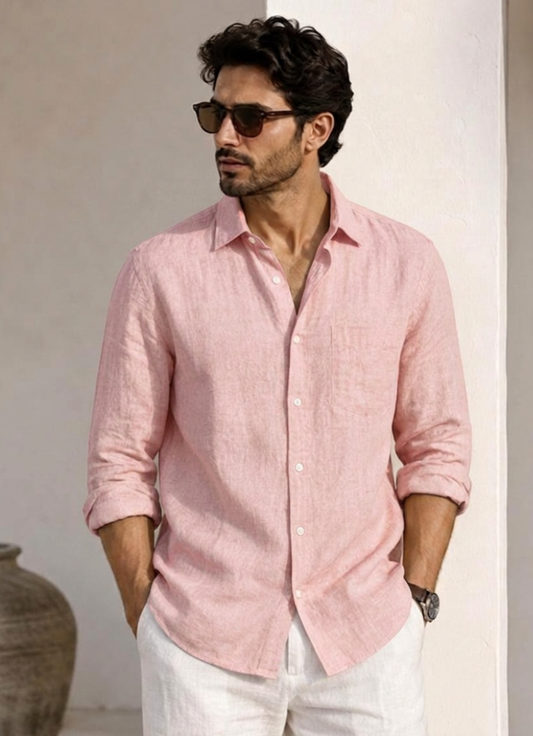 Men's Premium Slub Linen-Blend Long Sleeve Shirt - Male Pink