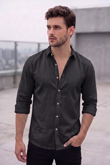 Men's Premium Slub Linen-Blend Long Sleeve Shirt - Black