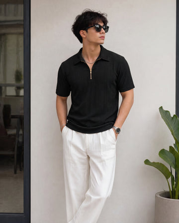 Men’s Premium Textured Quarter-Zip Polo T-Shirt - Black
