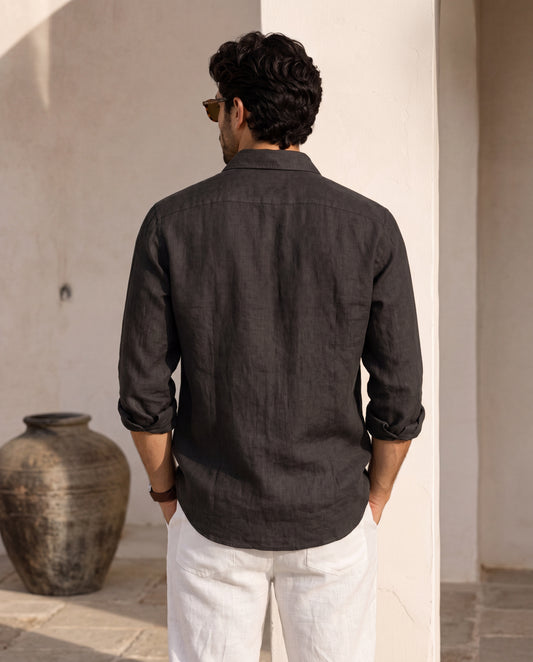 Men's Premium Slub Linen-Blend Long Sleeve Shirt - Black