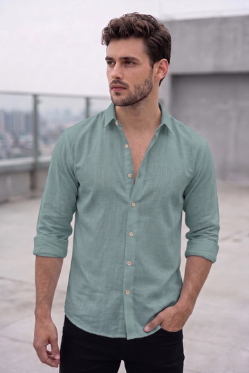 Men's Premium Slub Linen-Blend Long Sleeve Shirt - Teal