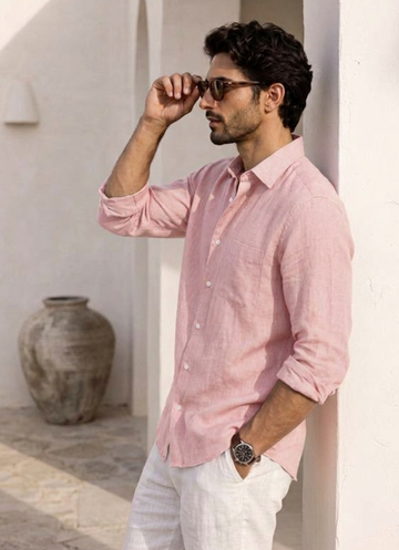 Men's Premium Slub Linen-Blend Long Sleeve Shirt - Male Pink