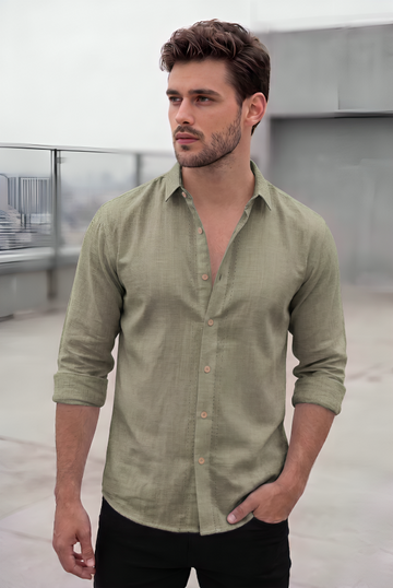 Men's Premium Slub Linen-Blend Long Sleeve Shirt - Pista