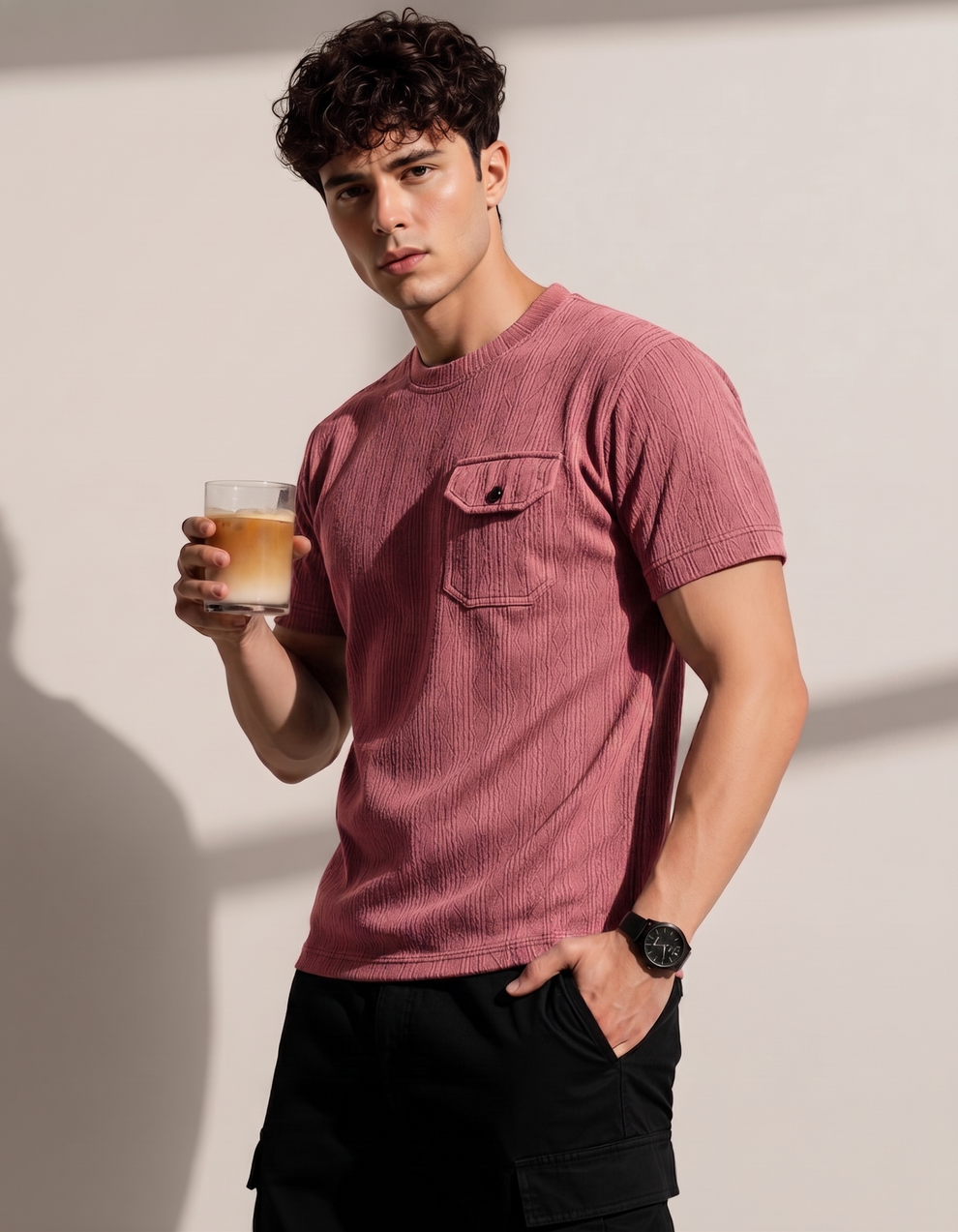 Man holding a drink in a maroon shirt against a plain background