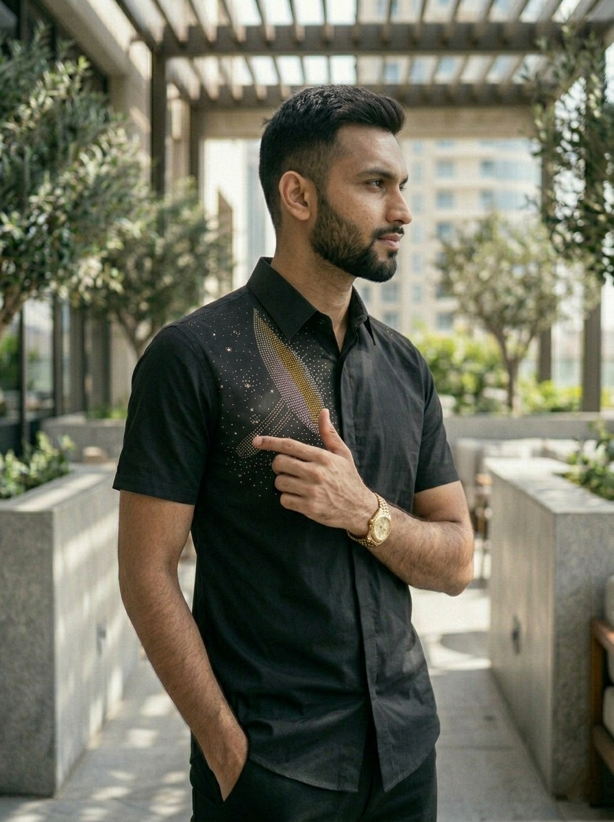 Man in a black shirt standing outdoors with plants and buildings in the background