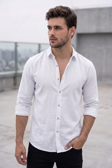 Men's Premium Slub Linen-Blend Long Sleeve Shirt - White
