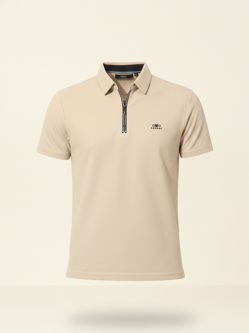Beige polo shirt with a brand logo on a beige background
