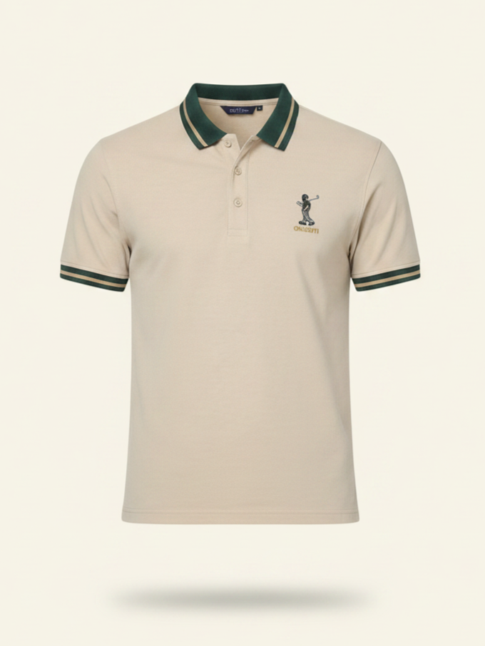 Beige polo shirt with green accents on a light beige background