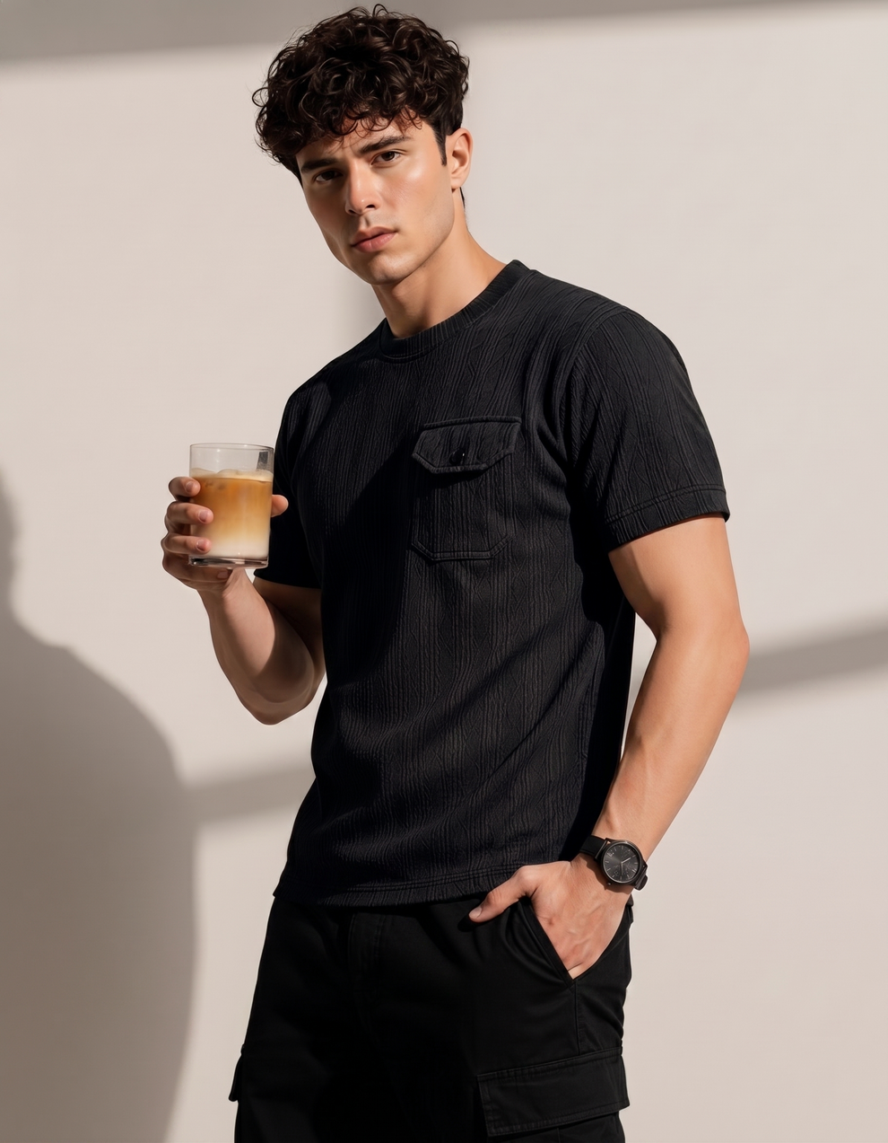Man holding a glass of iced coffee against a plain background