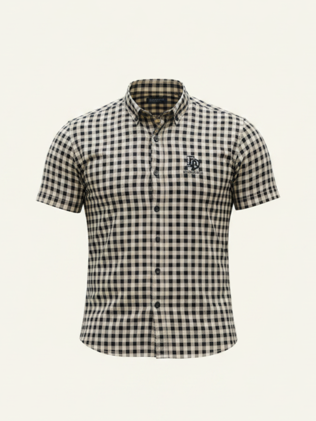 Black and white checkered shirt with a brand logo on a white background