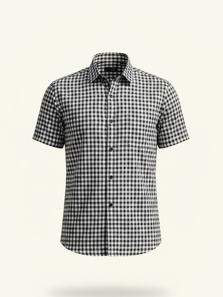 Black and white checkered short-sleeve shirt on a light beige background