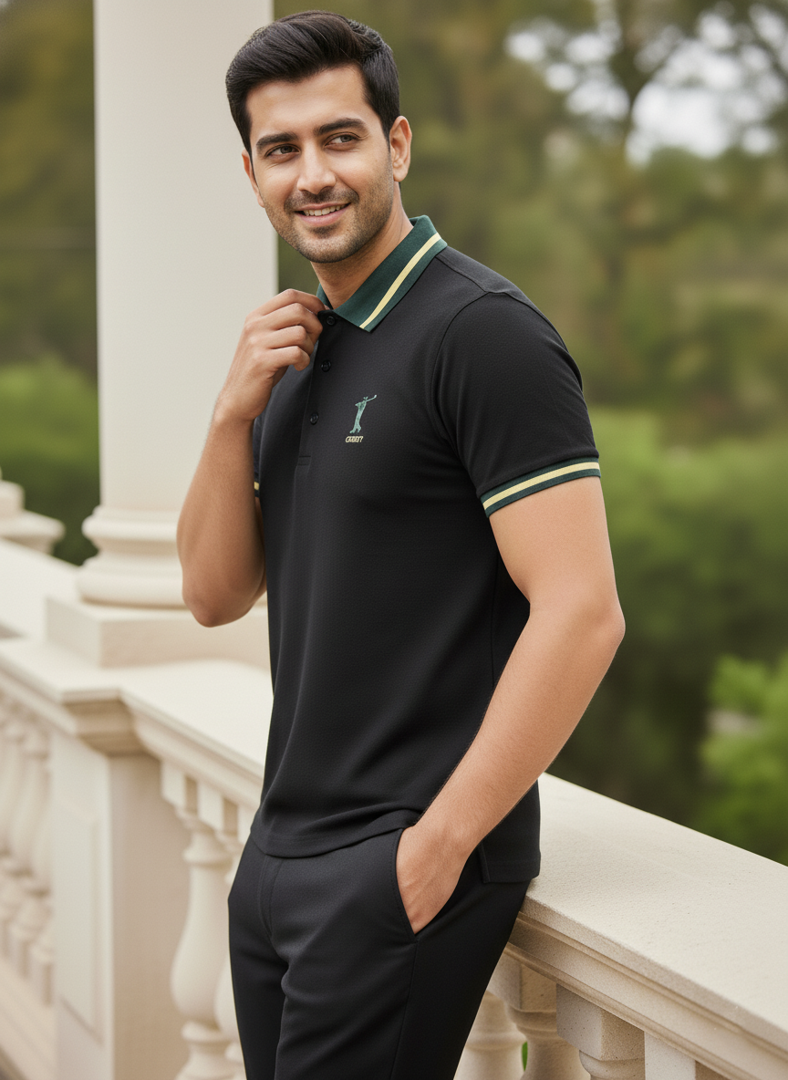 Man wearing a black polo shirt with green accents, standing outdoors.