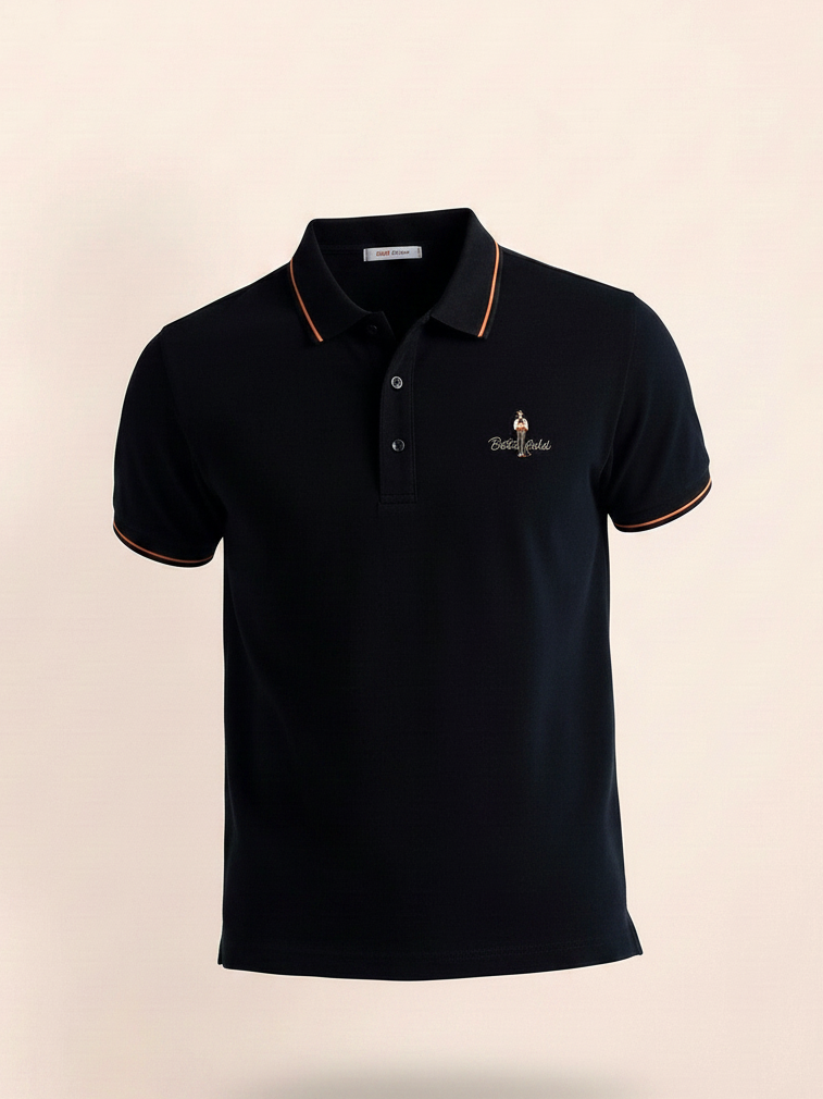 Black polo shirt with a logo on a beige background
