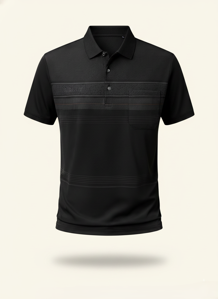 Black polo shirt with a subtle pattern on a beige background