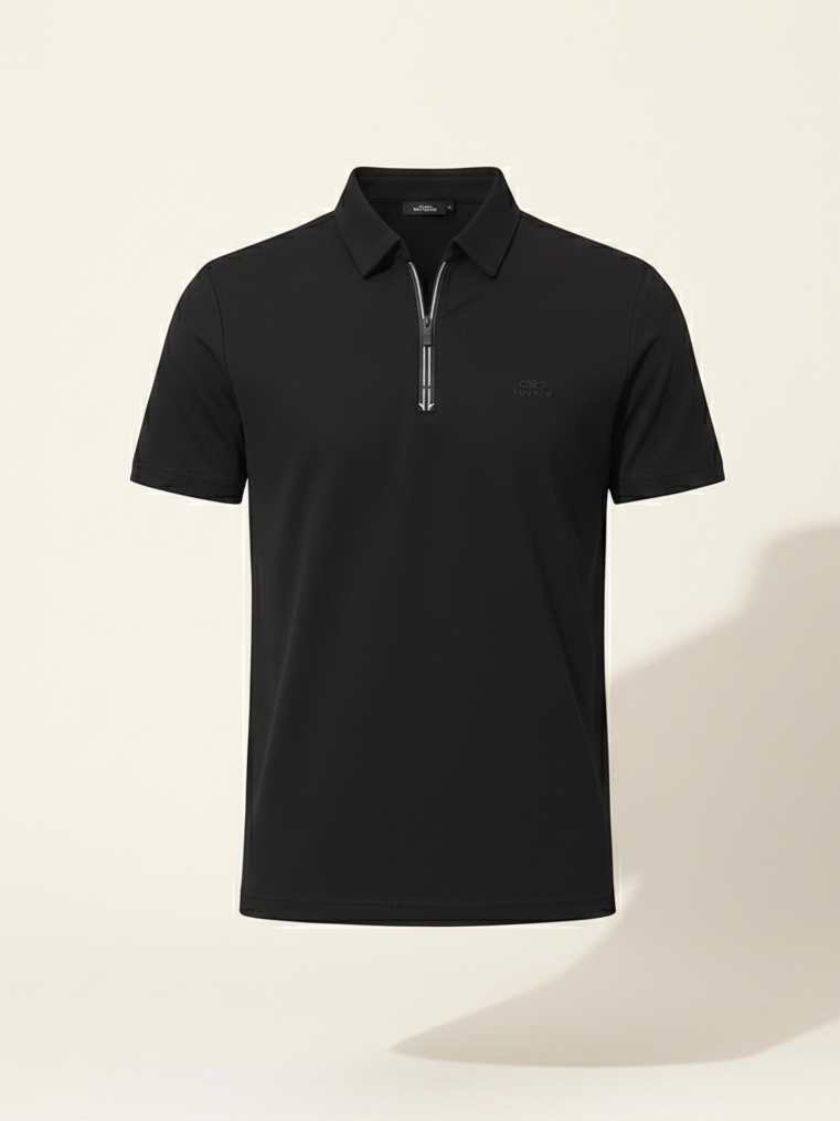 Black polo shirt with a zipper on a beige background