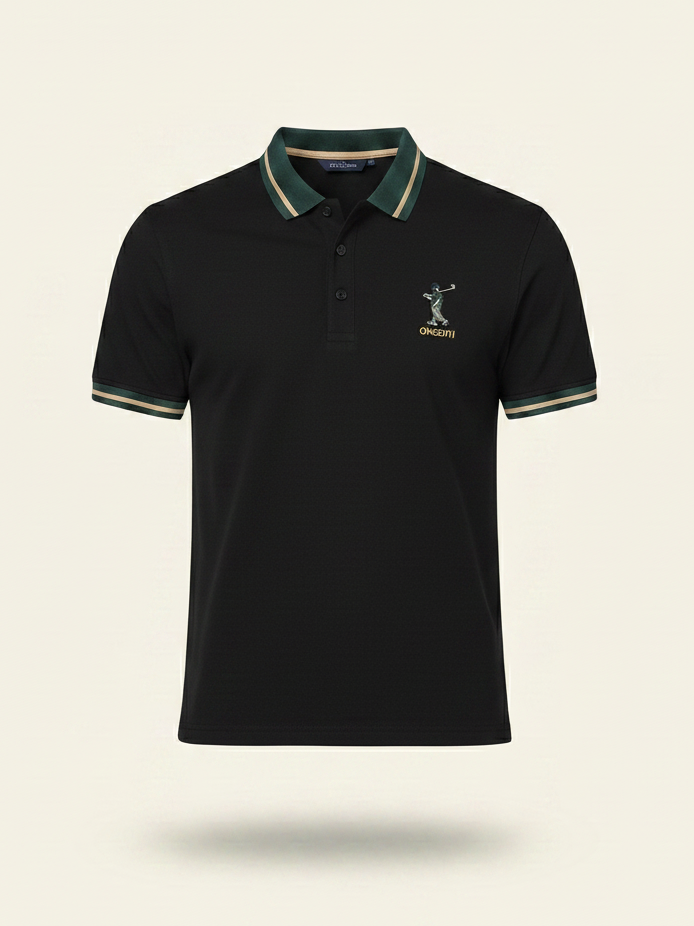 Black polo shirt with green accents on a beige background