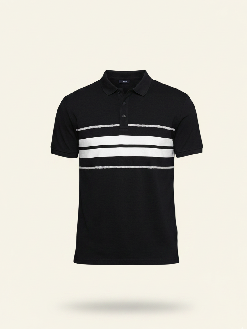 Black polo shirt with white stripes on a beige background