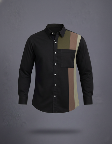 Black shirt with colorful patchwork design on a gray background
