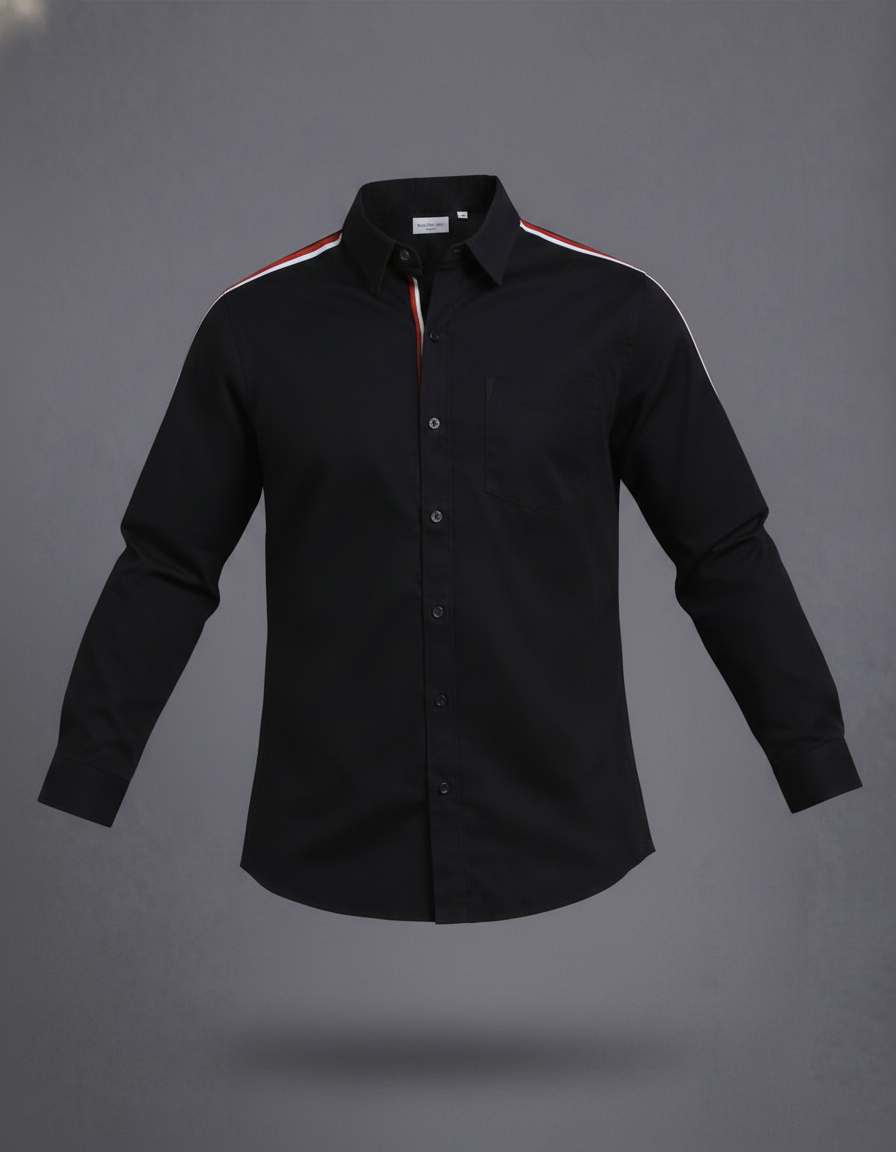 Black shirt with red and white striped collar on a gray background