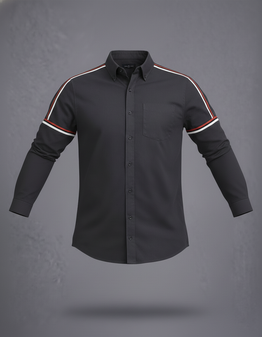 Black shirt with white and red stripes on sleeves against a gray background
