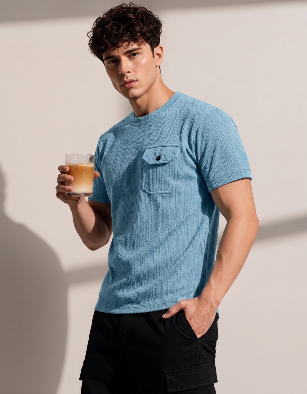 Man holding a glass of coffee wearing a blue shirt against a plain background