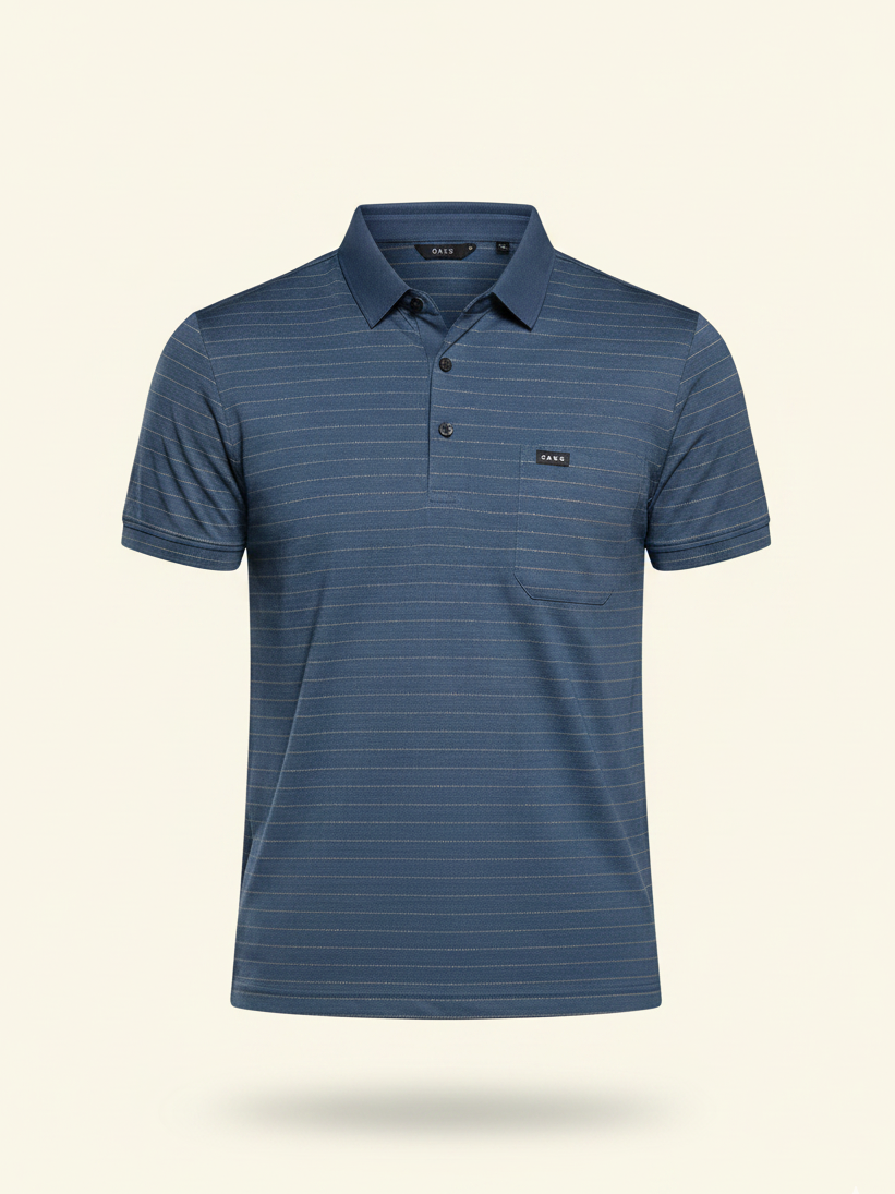 Blue striped polo shirt on a beige background