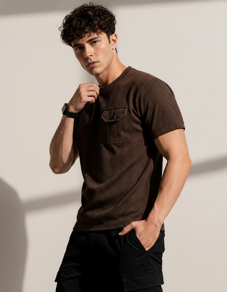 Man wearing a brown textured t-shirt against a plain background