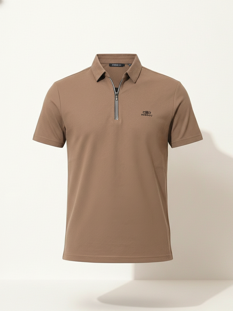 Brown polo shirt with a small logo on a light gray background
