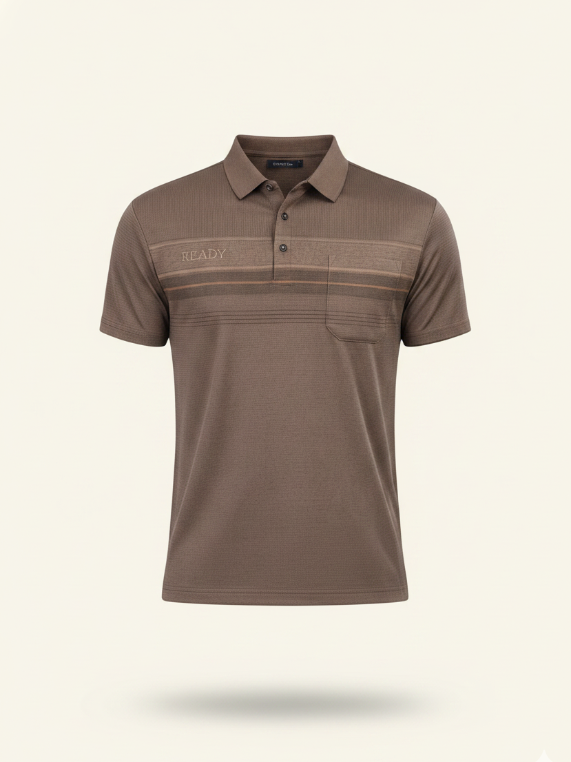 Brown polo shirt with a brand logo on a white background
