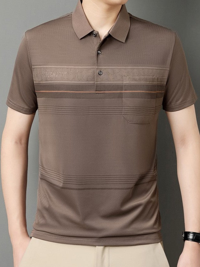 Brown striped polo shirt worn by a person on a gray background