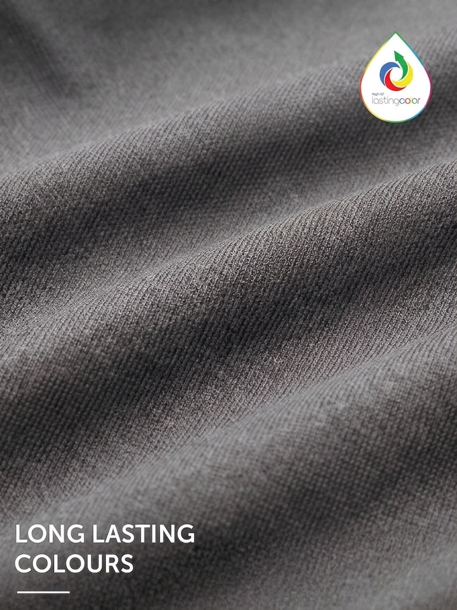Close-up of gray fabric with a brand logo and 'Long Lasting Colours' text.