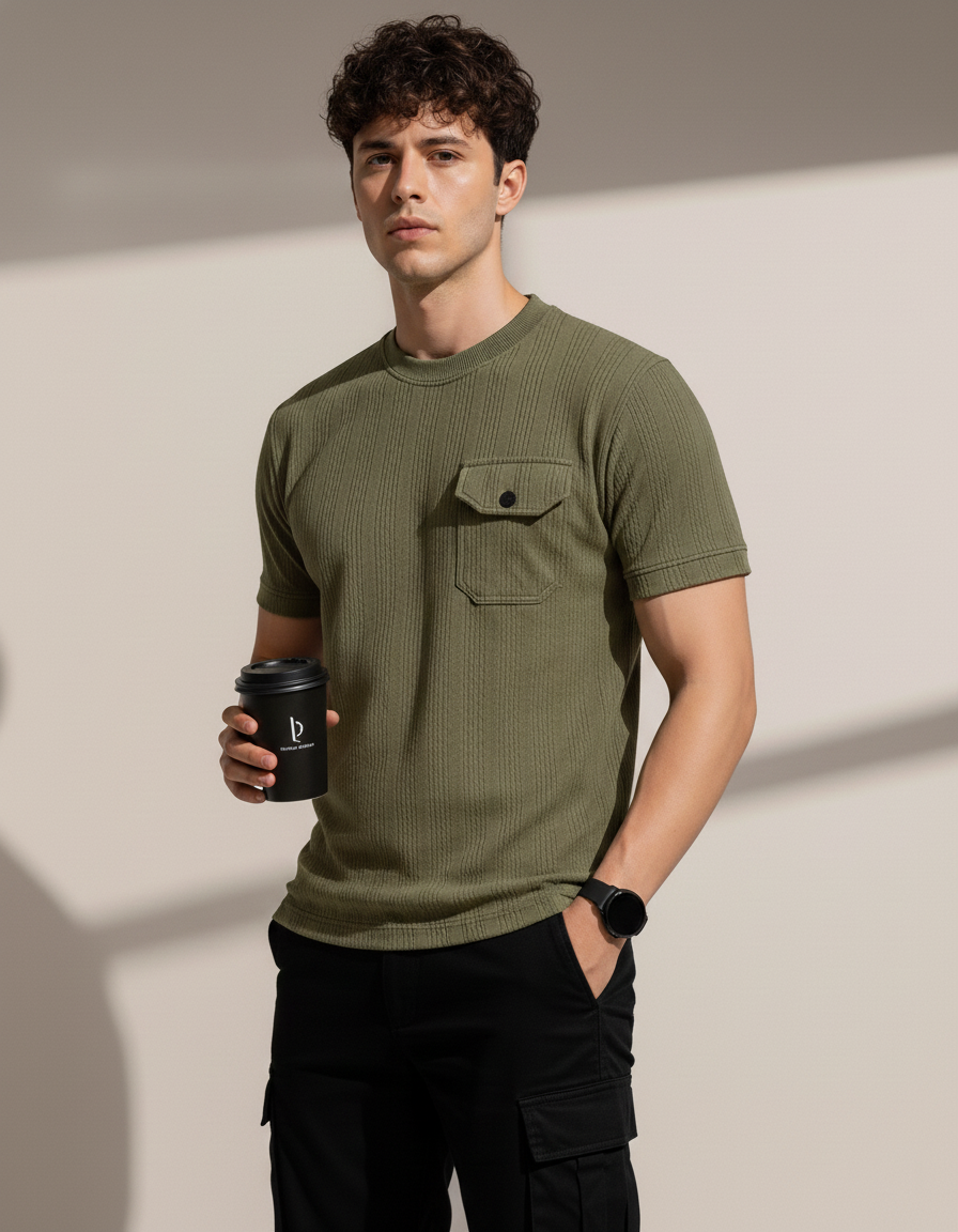 Man wearing an olive green t-shirt with a pocket, holding a black coffee cup against a neutral background