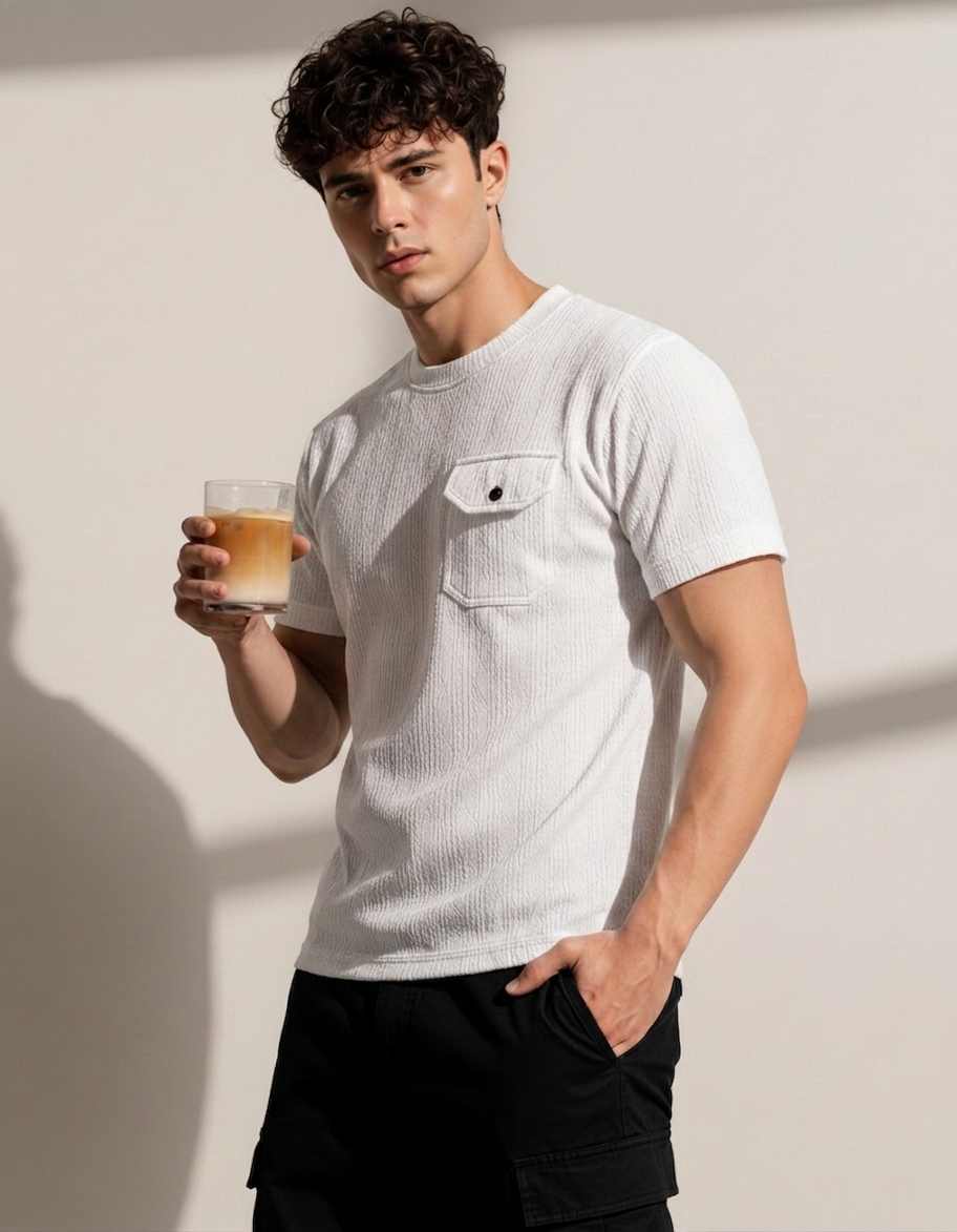 Man holding a drink against a plain background