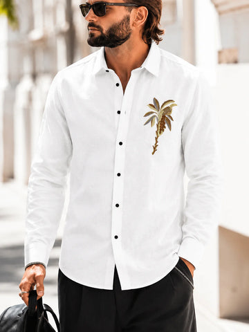 Slim Fit Palm Embroidery Shirt - White