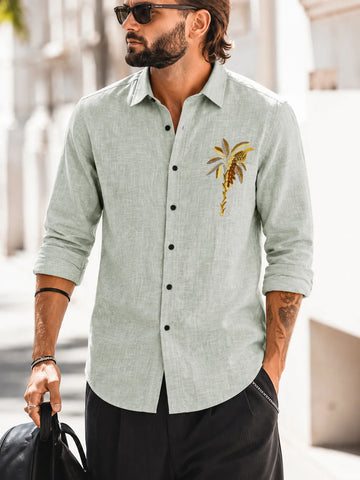 Slim Fit Palm Embroidery Shirt - Sage Green
