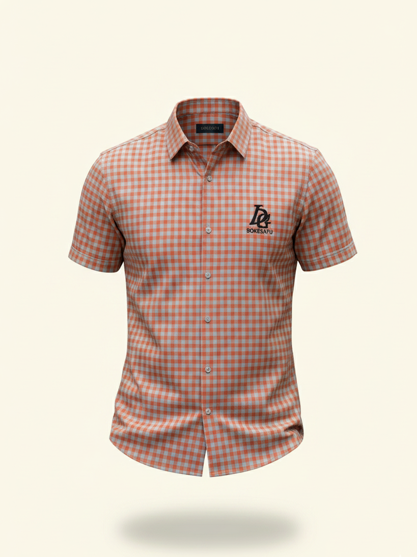 Checkered shirt with a logo on a beige background