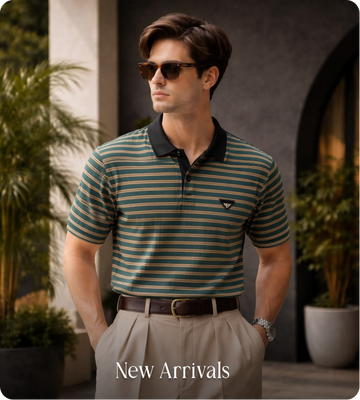 Man in a striped polo shirt and sunglasses with "New Arrivals" text.