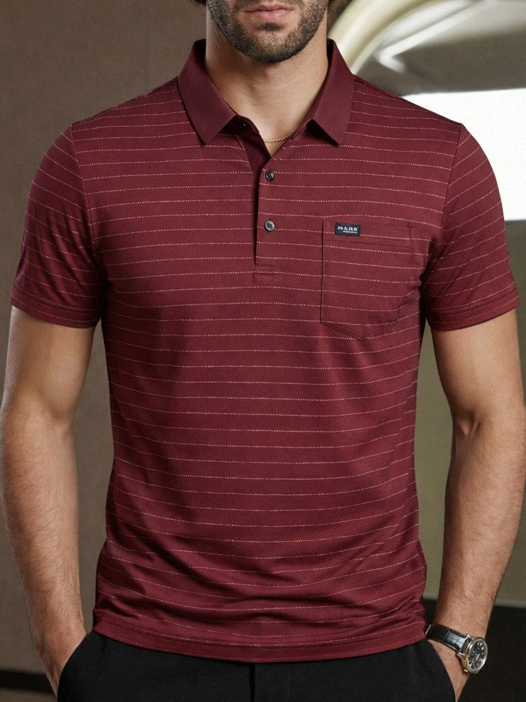 Man wearing a maroon striped polo shirt with a visible brand logo.
