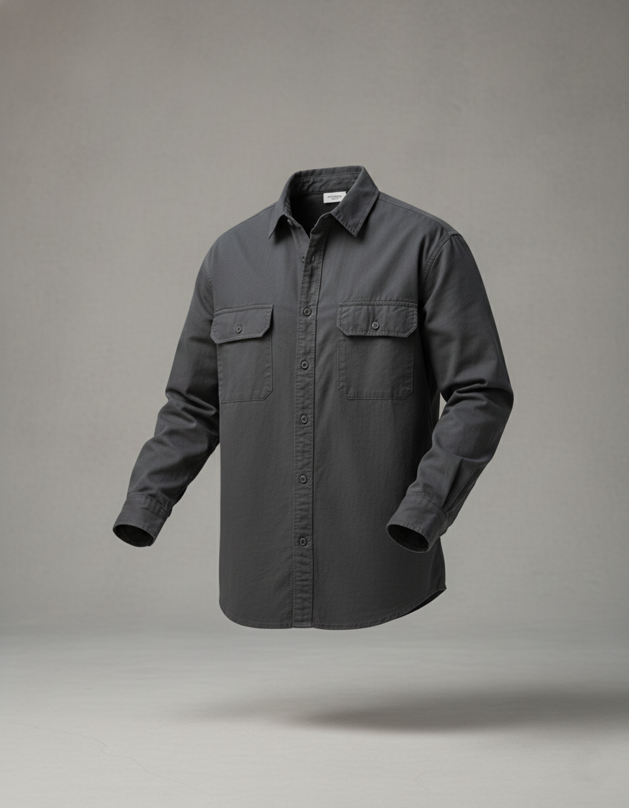 Dark gray shirt with button details on a gray background