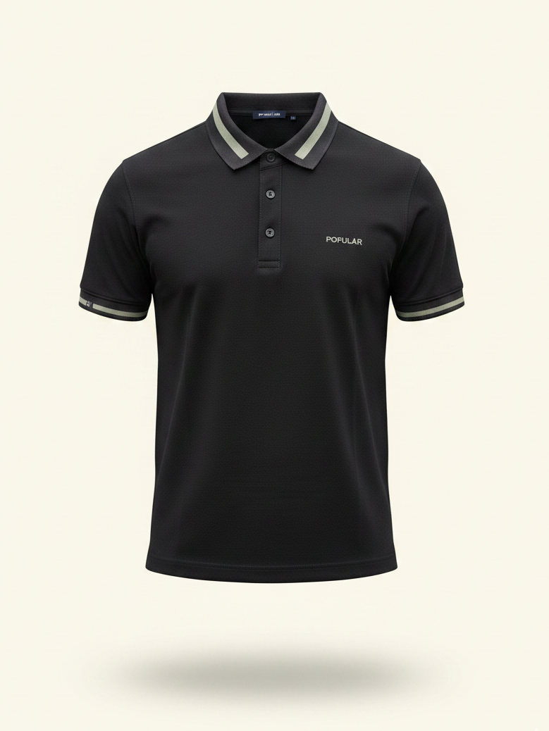 Black polo shirt with white collar and brand logo on a light beige background