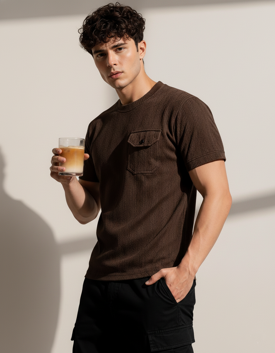 Man holding a glass of iced coffee wearing a brown shirt against a plain background
