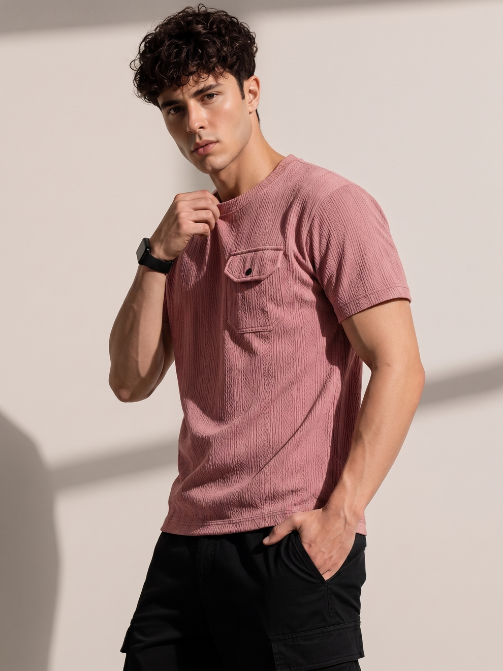 Man wearing a pink textured t-shirt against a plain background