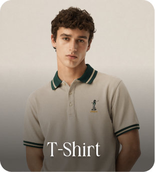 Male model in a beige polo shirt with "T-Shirt" text overlay.