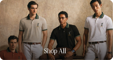 Four men modeling premium polo t-shirts in neutral tones with “Shop All” text overlay on a fashion collection banner