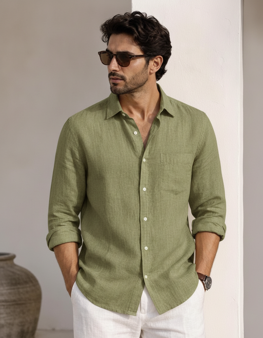 Men's Premium Slub Linen-Blend Long Sleeve Shirt - Pista