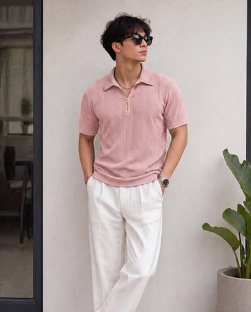 Men’s Premium Textured Quarter-Zip Polo T-Shirt - Clay Pink