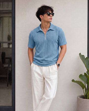 Men’s Premium Textured Quarter-Zip Polo T-Shirt - Powder Blue