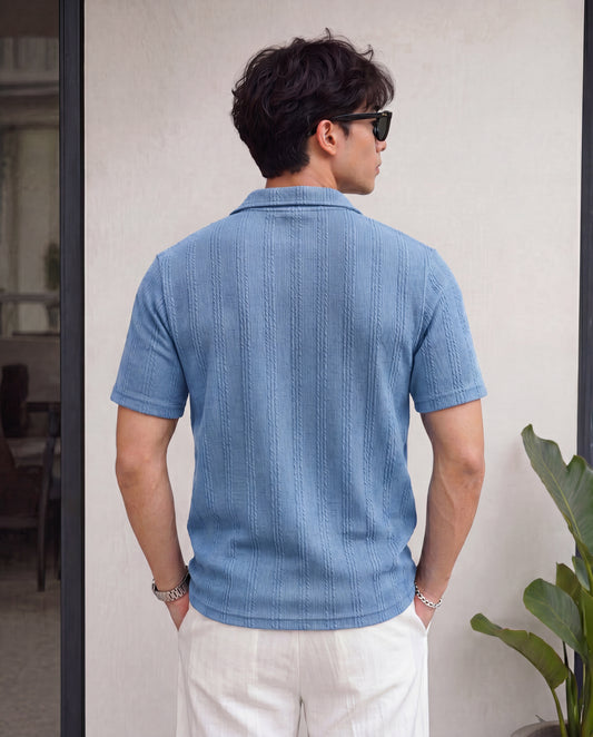 Men’s Premium Textured Quarter-Zip Polo T-Shirt - Powder Blue
