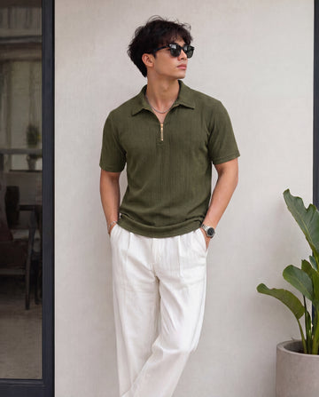 Men’s Premium Textured Quarter-Zip Polo T-Shirt - Sage Green